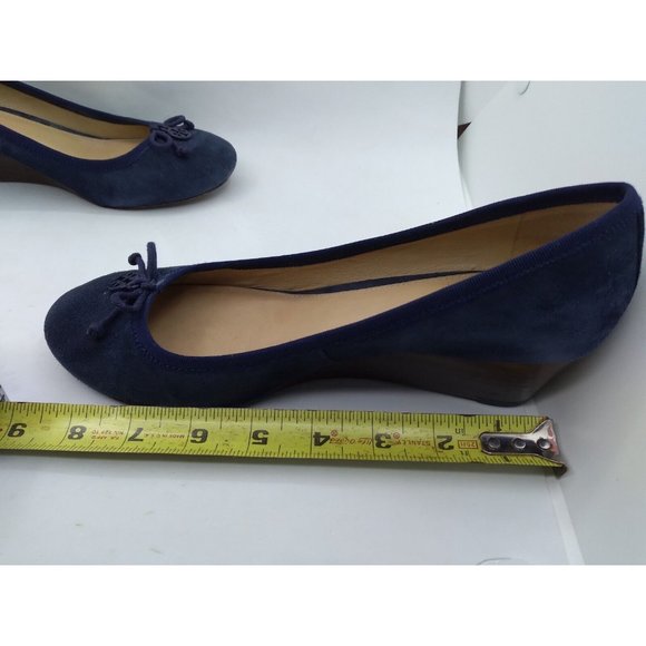 Tory Burch Blue Leather Suede Chelsea Wedge Heels Bow Logo Round Toe 7M - Picture 14 of 15